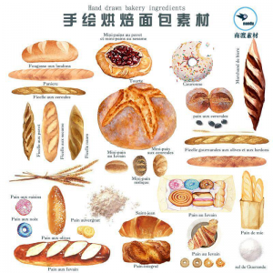 手绘水彩面包烘焙法棍甜甜圈甜点手账卡片PNG免扣图设计素材-虚拟资料库